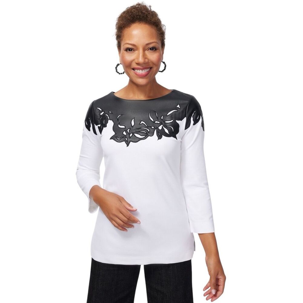Chico’s Faux Leather Ponte Mix Top Sz 2/L